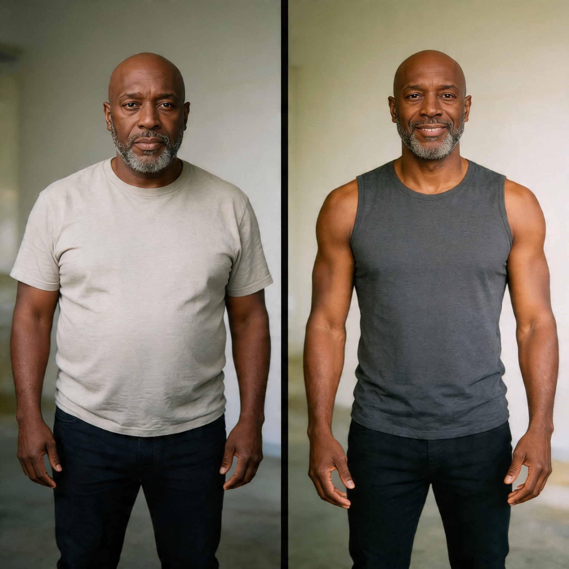 Before and after transformation of a man over 40 showing improved muscle definition and confidence after taking Erodus