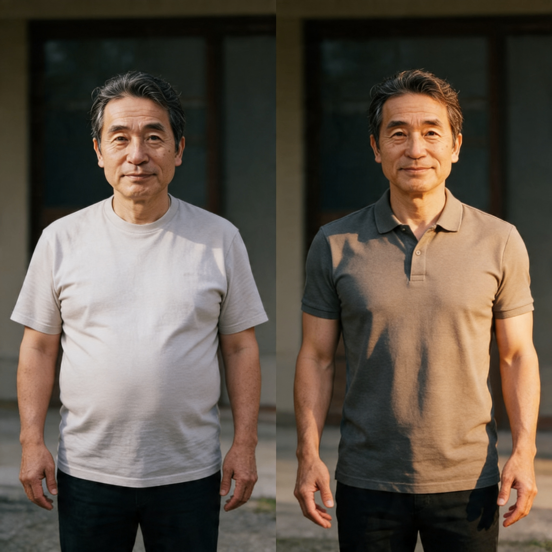 Before and after results of a middle-aged man showing leaner physique and renewed vitality after taking Erodus