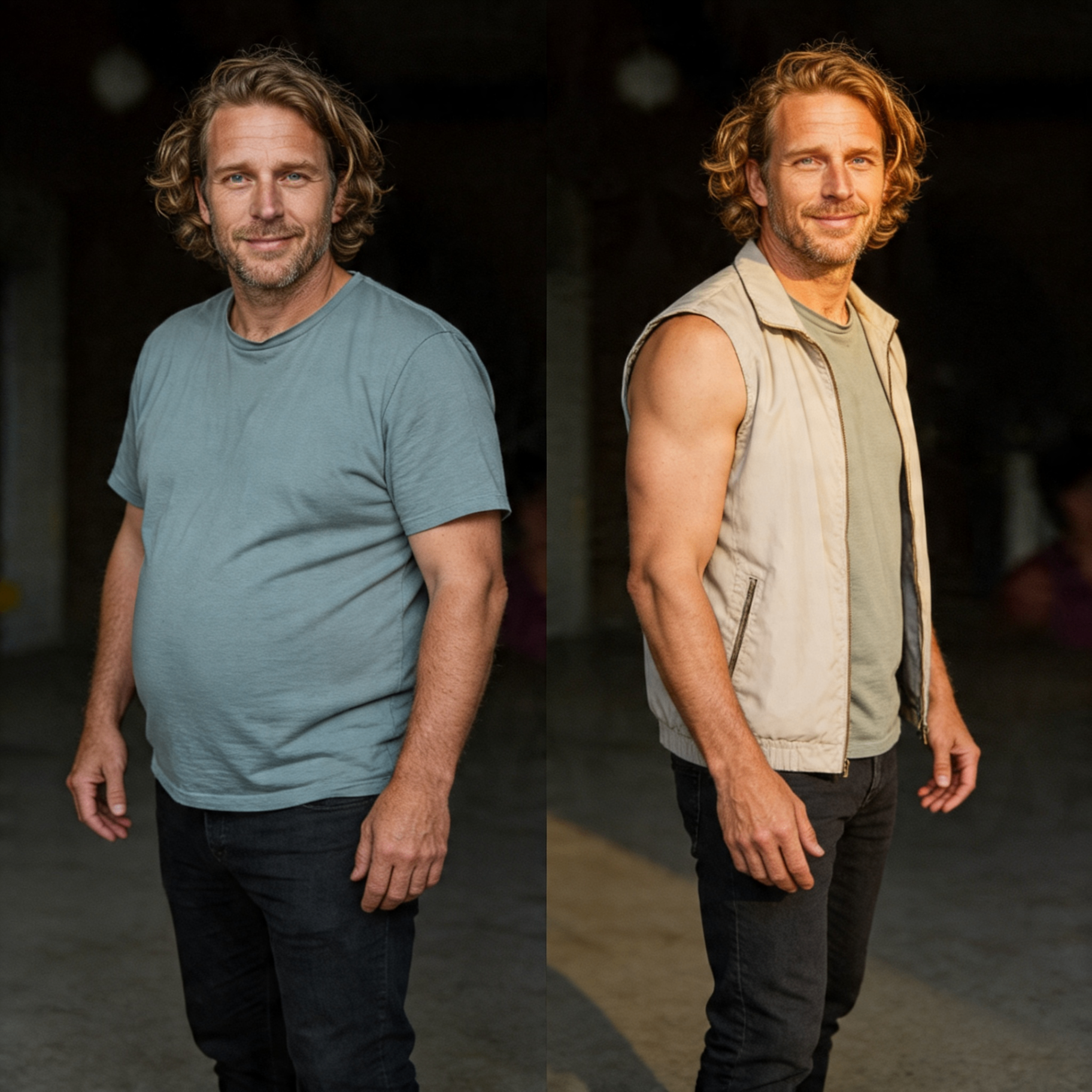 Before and after transformation of a man showing weight loss and increased muscle tone after taking Erodus